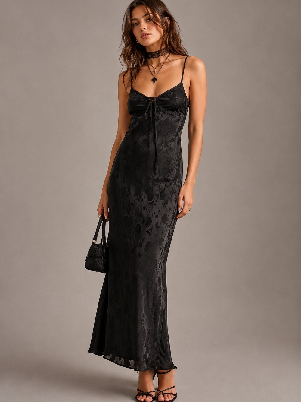 Black Floral Jacquard Slip Maxi Dress Size L Strappy Whimsigoth Dark Romantic